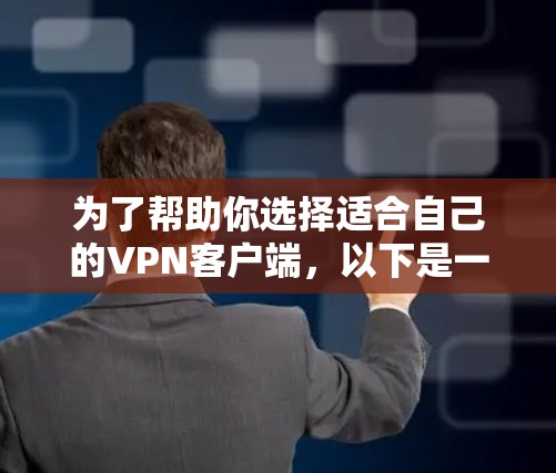为了帮助你选择适合自己的VPN客户端，以下是一个详细的步骤指南，涵盖关键因素如需求、设备类型、预算、安全性和适用场景